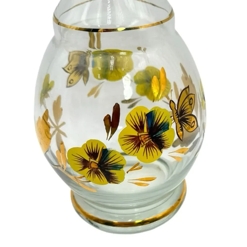Vtg Romanian Hand Painted Crystal Floral Decanter & 5 Stemmed Glasses Yellow EUC
